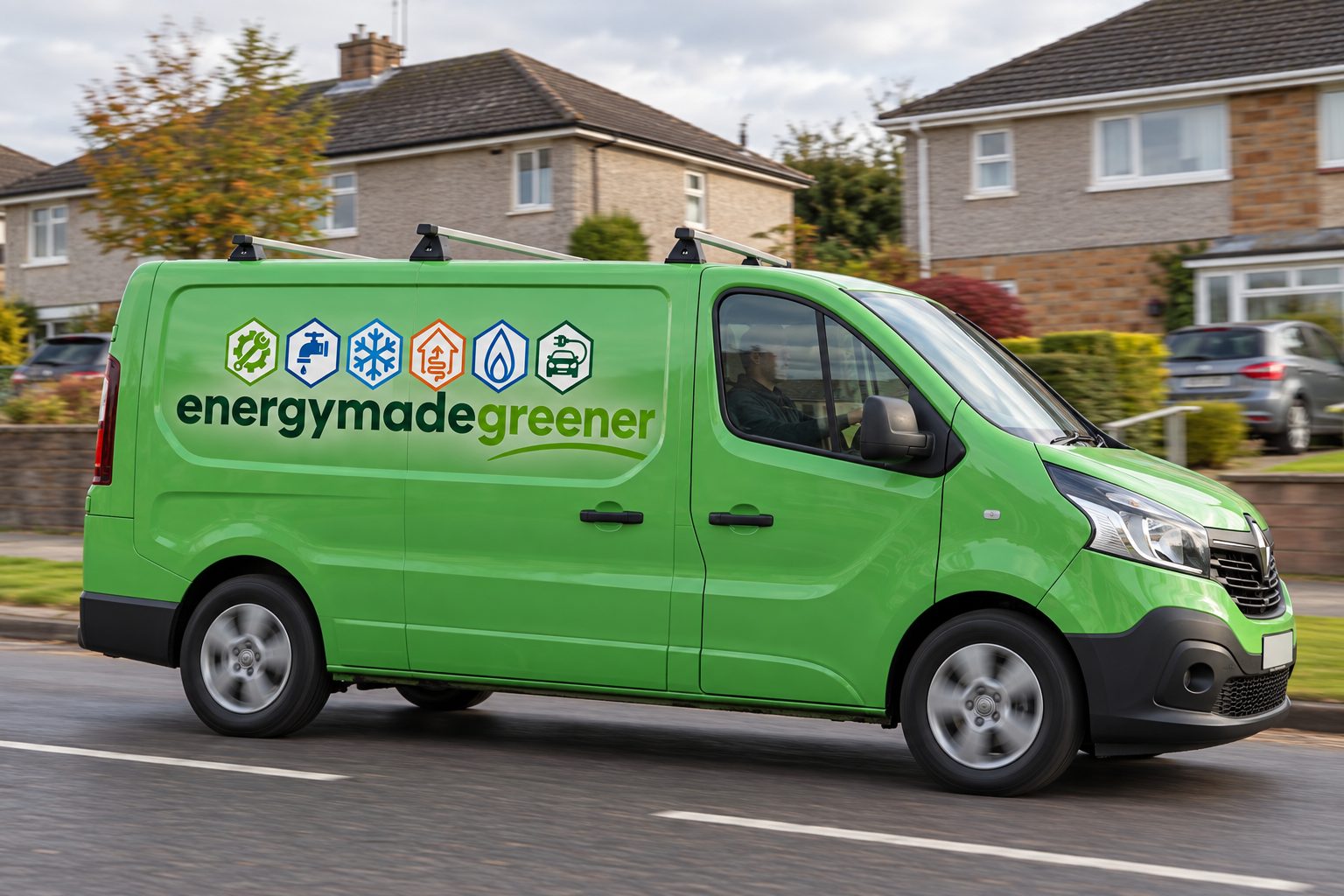 Energy Made Greener van driving through a residential street in the Glasgow suburbs