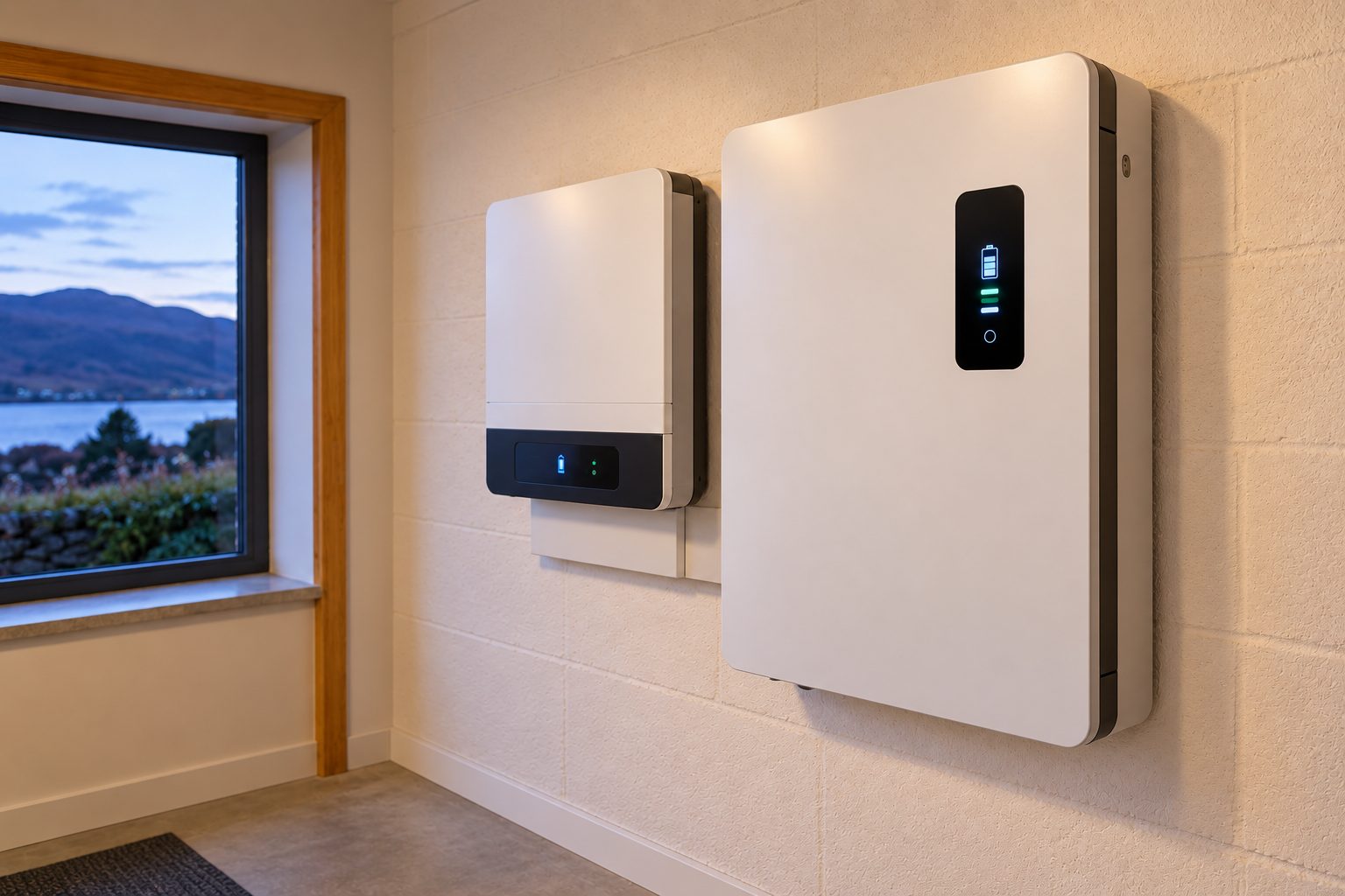 Wall-mounted home battery storage unit and inverter neatly installed in a Scottish home