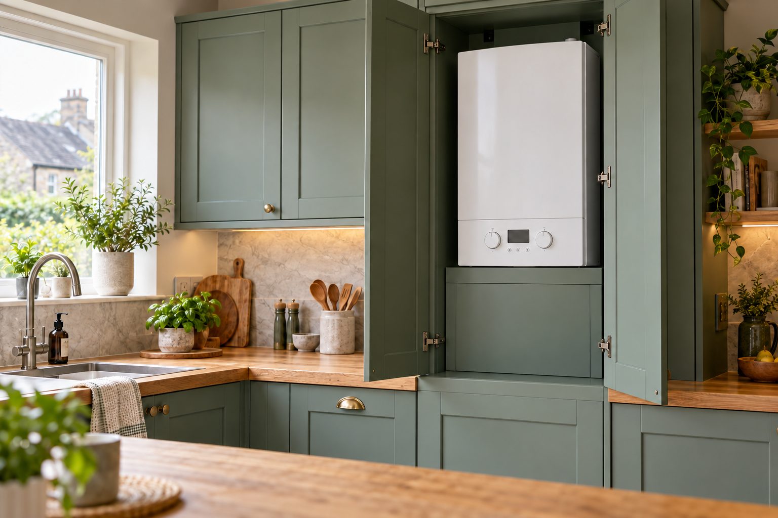A new white combi boiler neatly installed in a sage-green kitchen wall cupboard