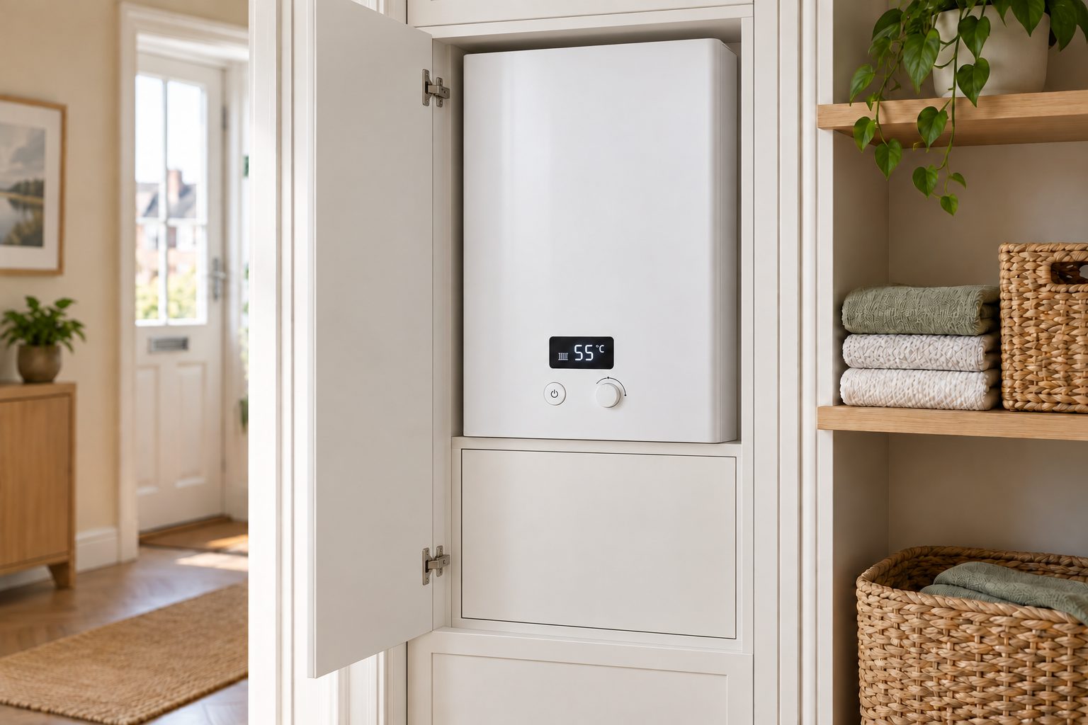 A compact electric boiler installed in a hallway cupboard, with no flue needed