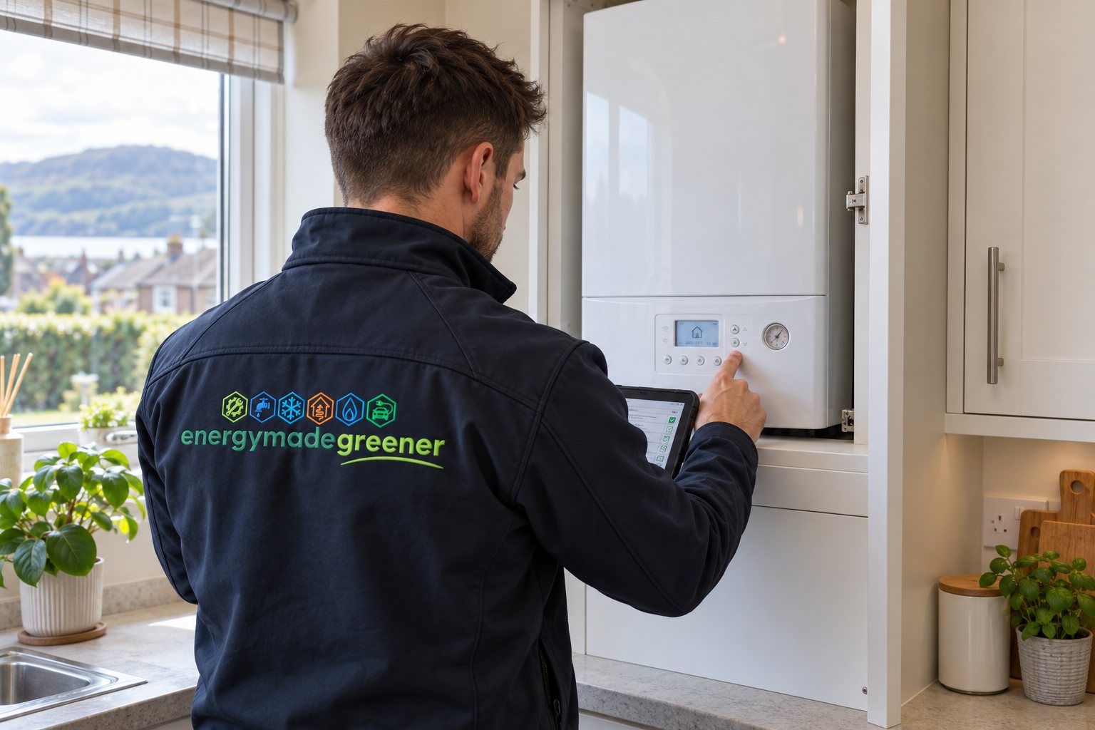 An Energy Made Greener engineer servicing a boiler in a customer's kitchen