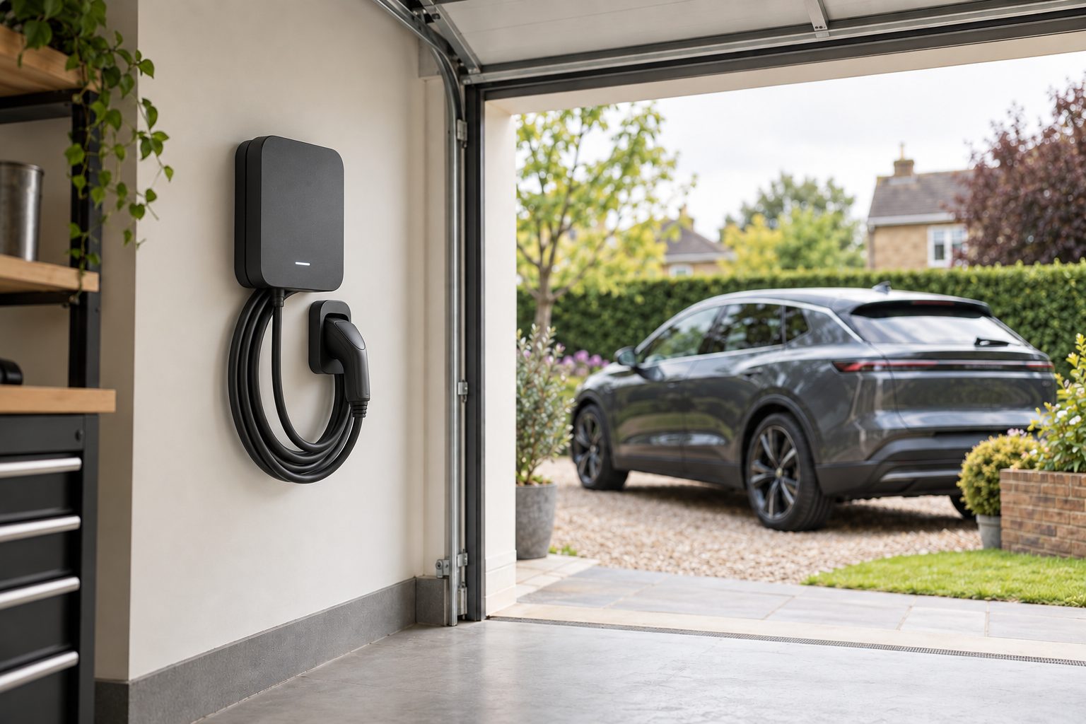 Smart home EV charger mounted in a garage, with an electric car parked on the driveway outside