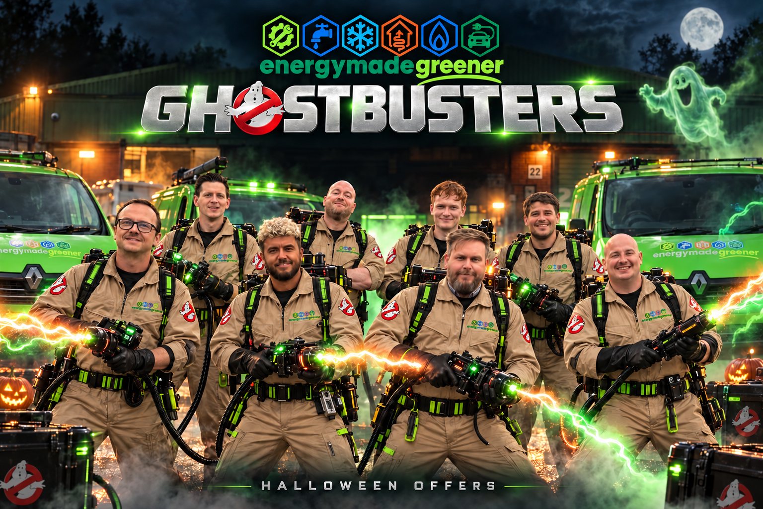 The Energy Made Greener engineers dressed as Ghostbusters in front of the company vans for Halloween