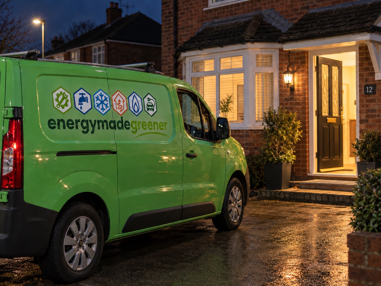 The Energy Made Greener van outside a customer's home at night, ready for an emergency boiler call-out
