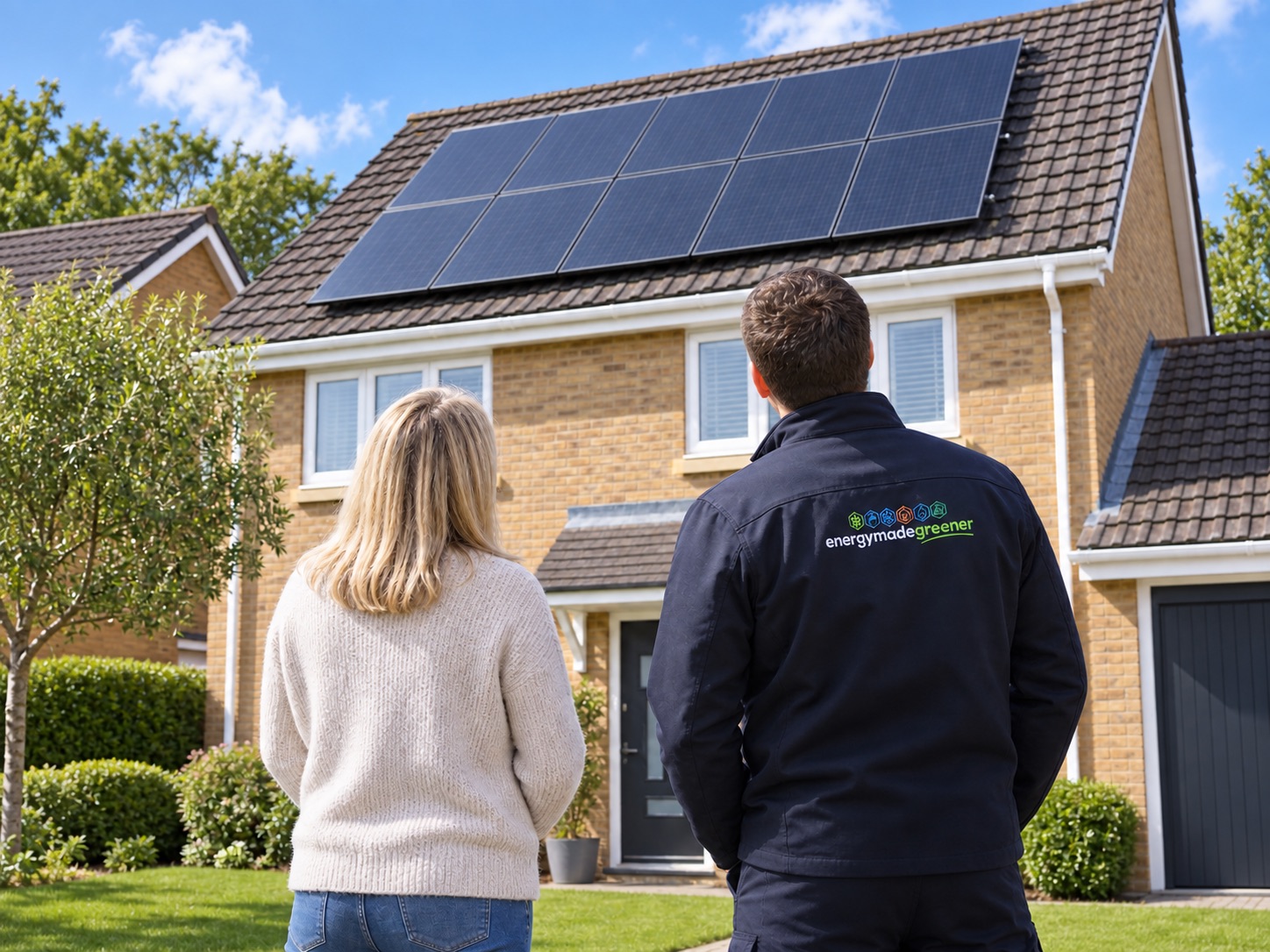An Energy Made Greener engineer and a homeowner looking up at newly installed solar PV panels on a family home