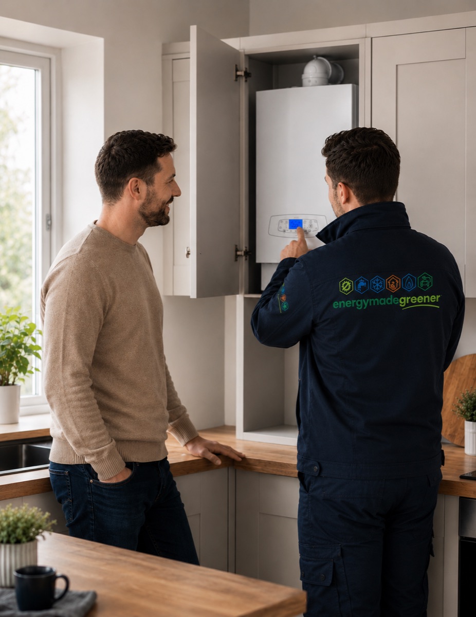 An Energy Made Greener engineer talking a homeowner through their newly installed boiler