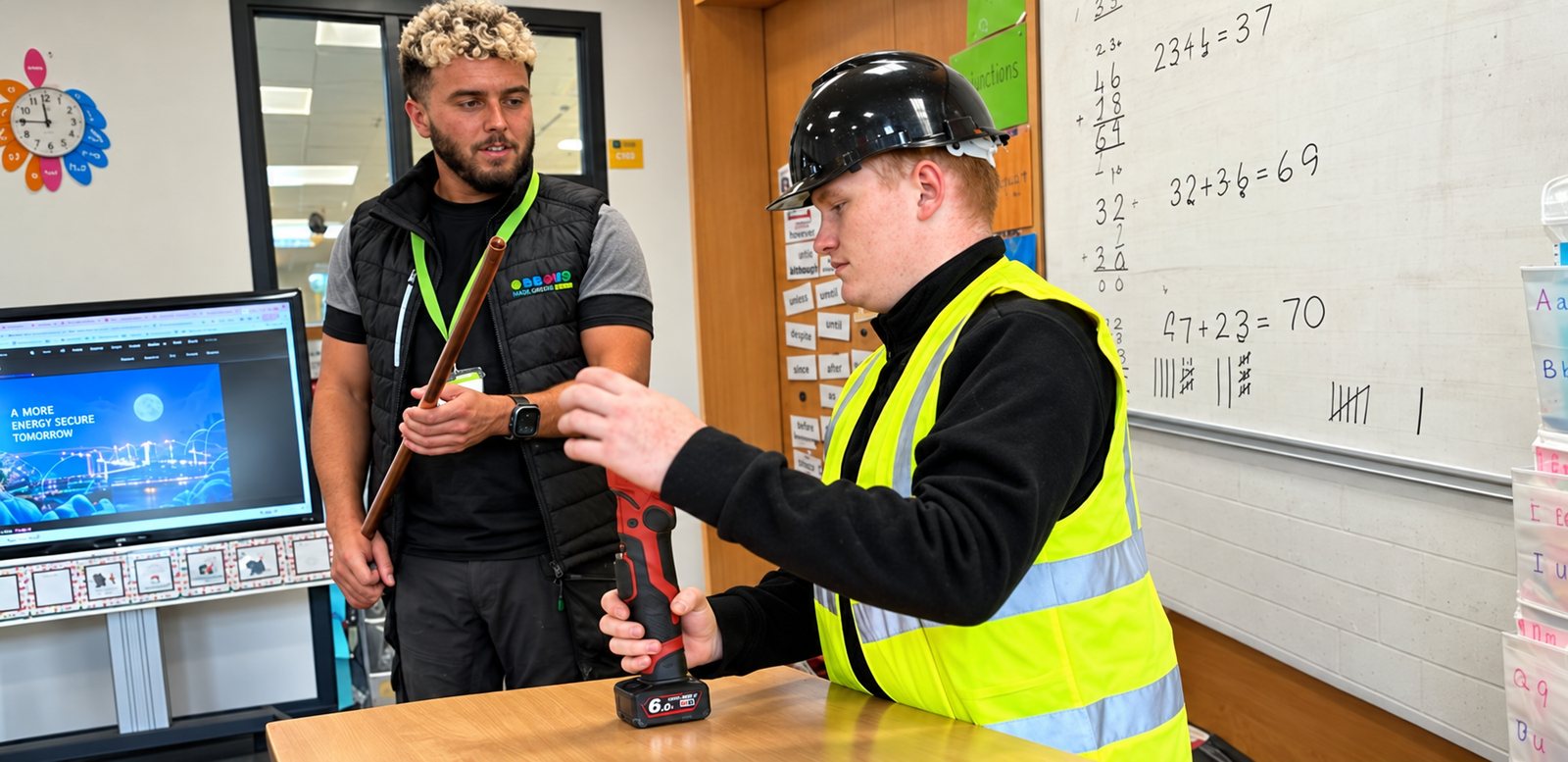 A pupil in a hard hat and hi-vis vest trying out a cordless drill with an Energy Made Greener engineer
