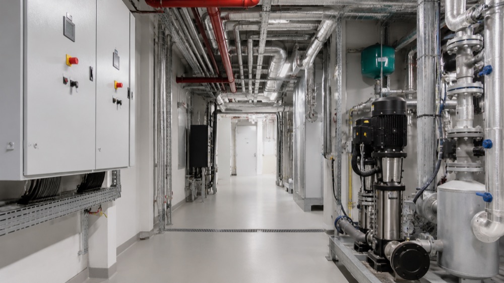 Plantroom interior with pumps, panels and pipework