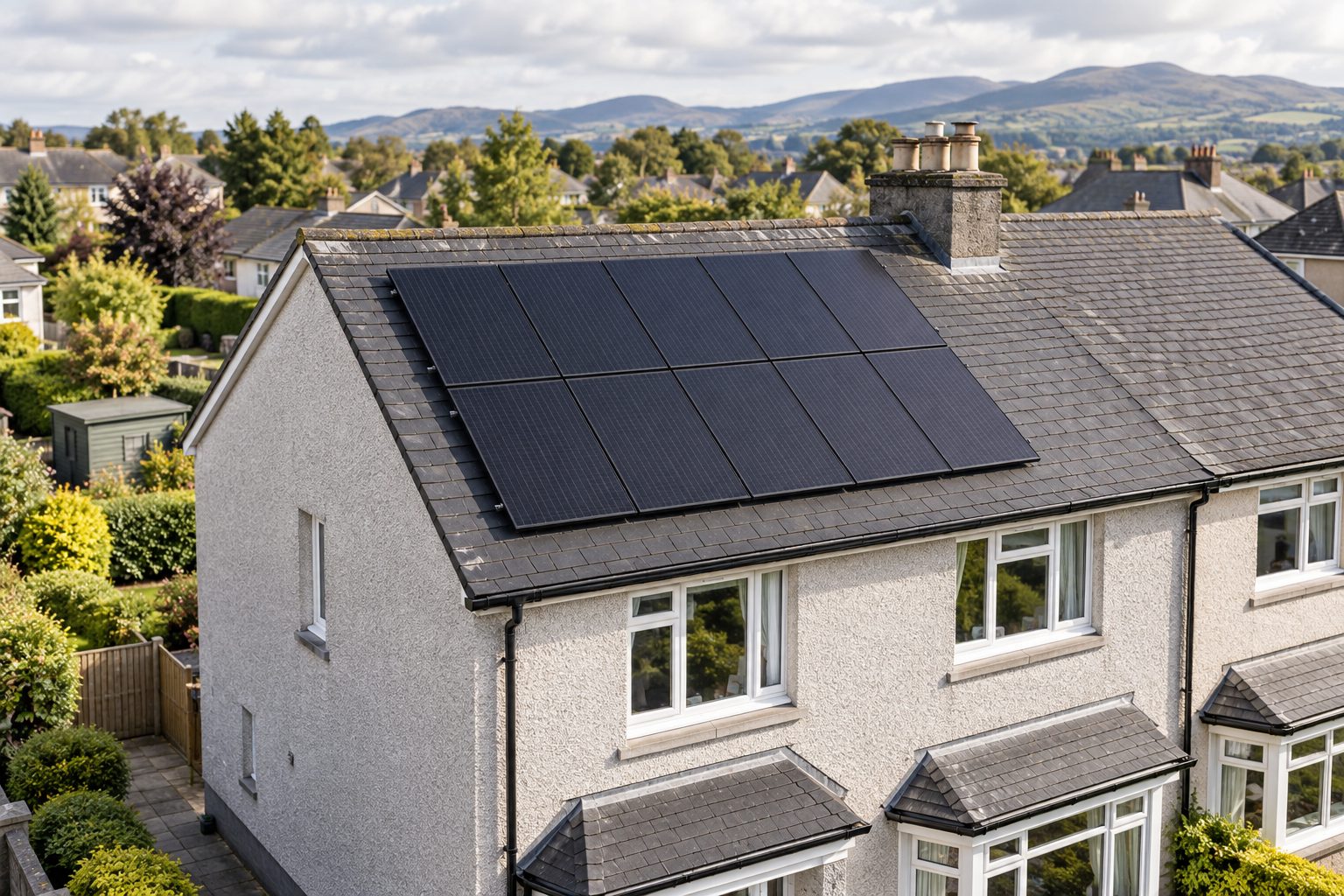 Black solar PV panels installed on the slate roof of a harled Scottish semi-detached home