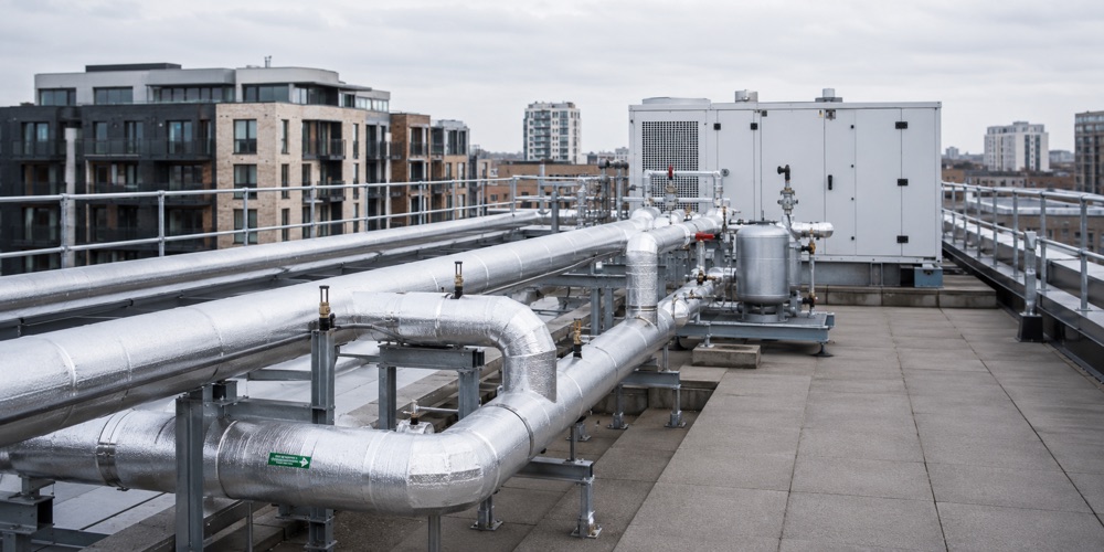 Insulated flow and return pipework serving a communal heat network