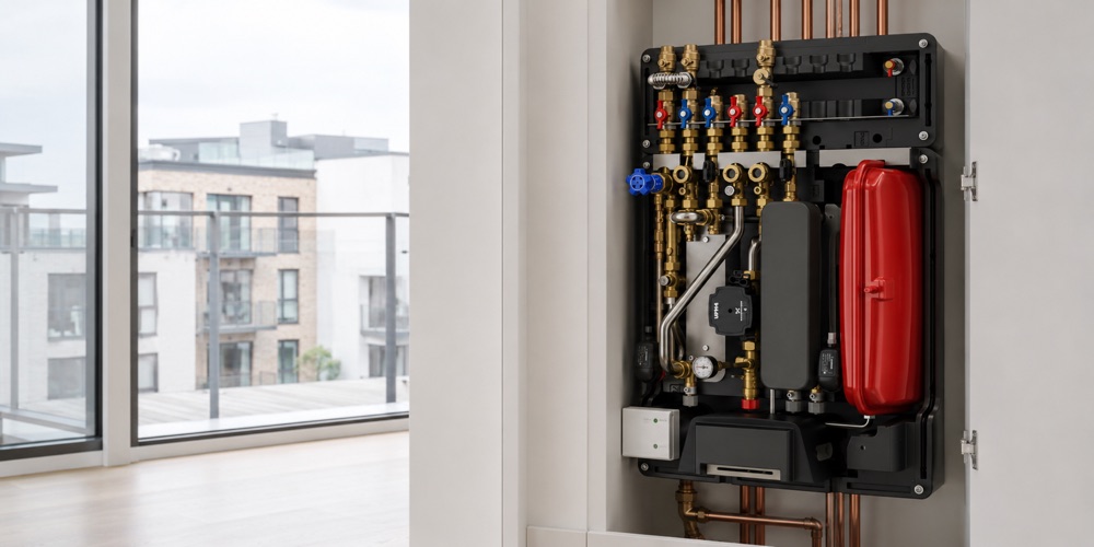 A heat interface unit with valves, pump and controls installed in an apartment