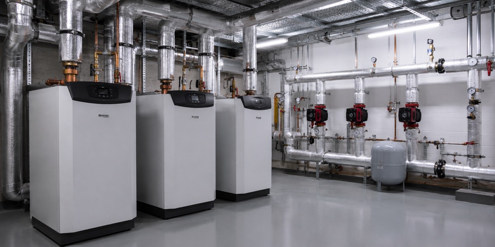 Commercial plantroom with boilers, pumps and pipework