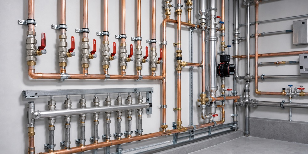 Copper distribution pipework and valves on a plantroom wall